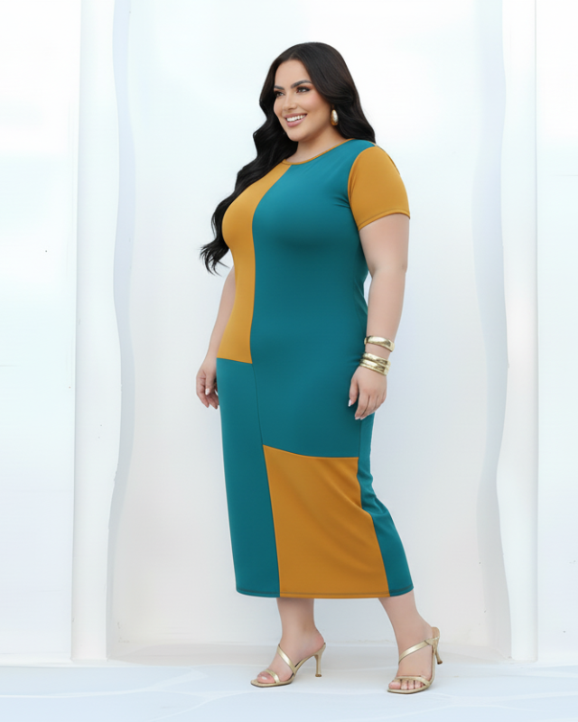 Vestido Comfy Plus Size com Blocos de Cores - Vestido Plus Size