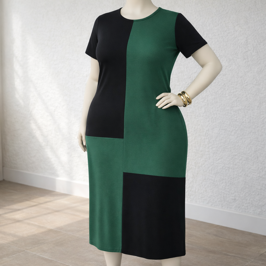 Vestido Comfy Plus Size com Blocos de Cores - Vestido Plus Size