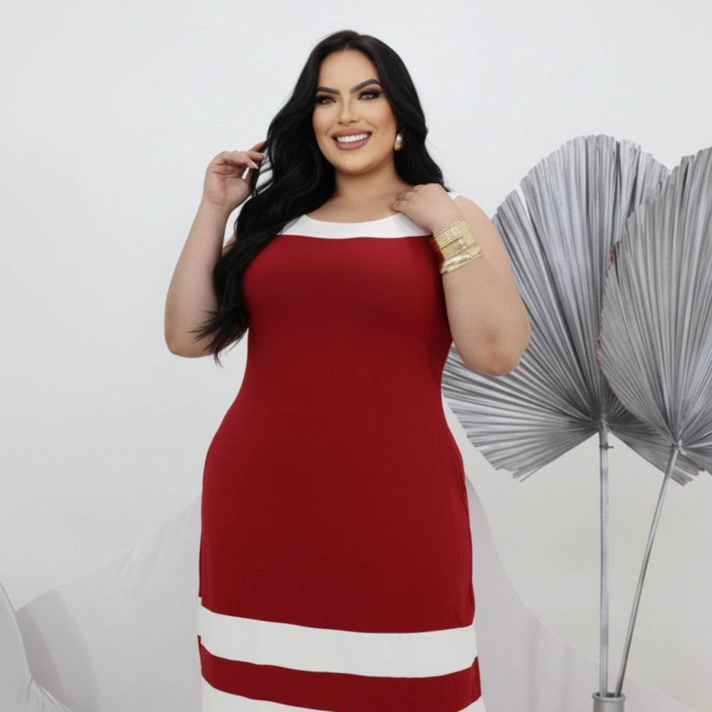 Vestido Midi Clássico Bicolor Plus Size - Vestido Plus Size