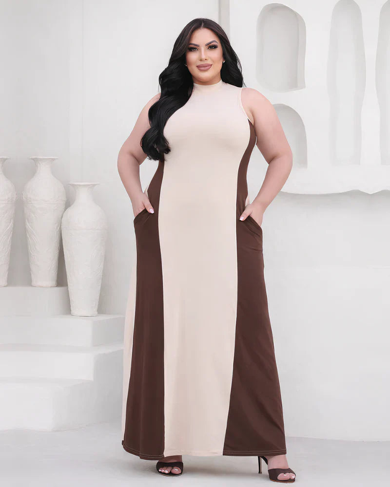 Vestido Longo Modelador Plus Size com Bolsos Laterais - M (42) / Capuccino - Vestido Plus Size