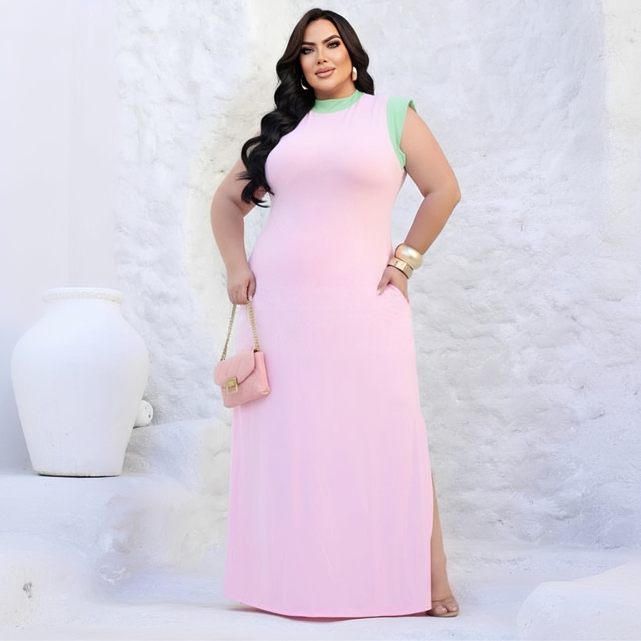 Vestido Comfy Delicado Plus Size - M (42) / Rosa com Verde - Vestido Plus Size
