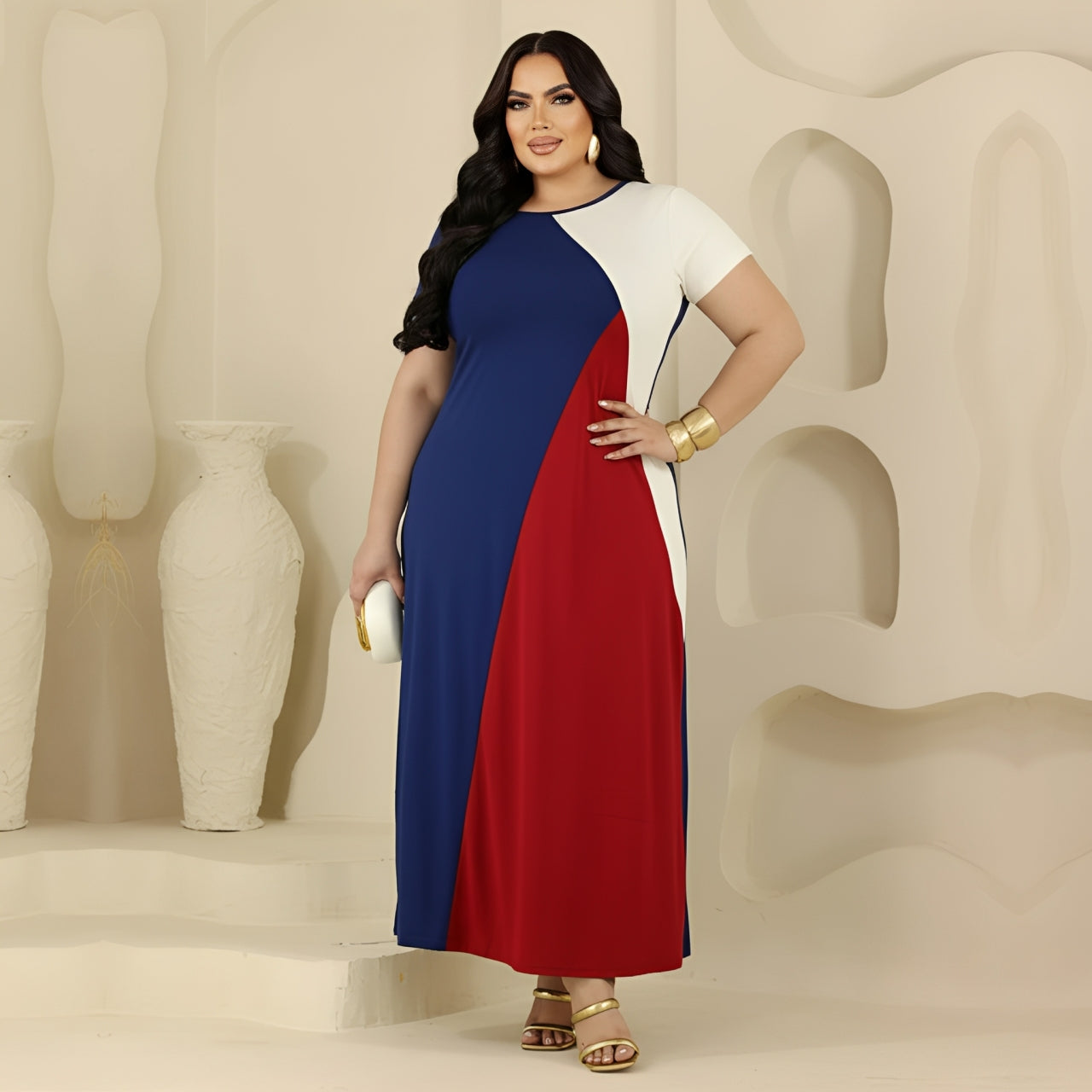 Vestido Color Block Plus Size Com Bolsos - Vestido Plus Size