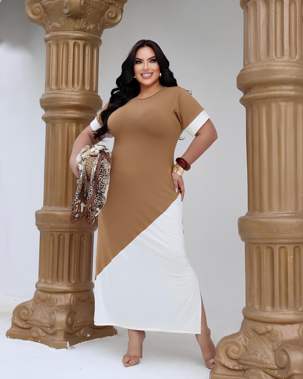 Vestido Neoclássico Plus Size Diagonal - M (42) / Bege - Vestido Plus Size