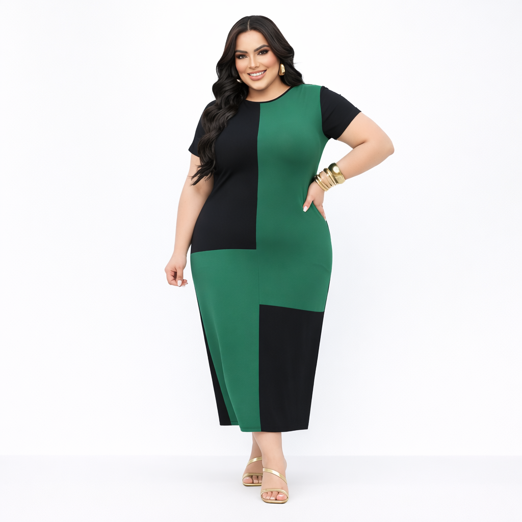 Vestido Comfy Plus Size com Blocos de Cores - Vestido Plus Size