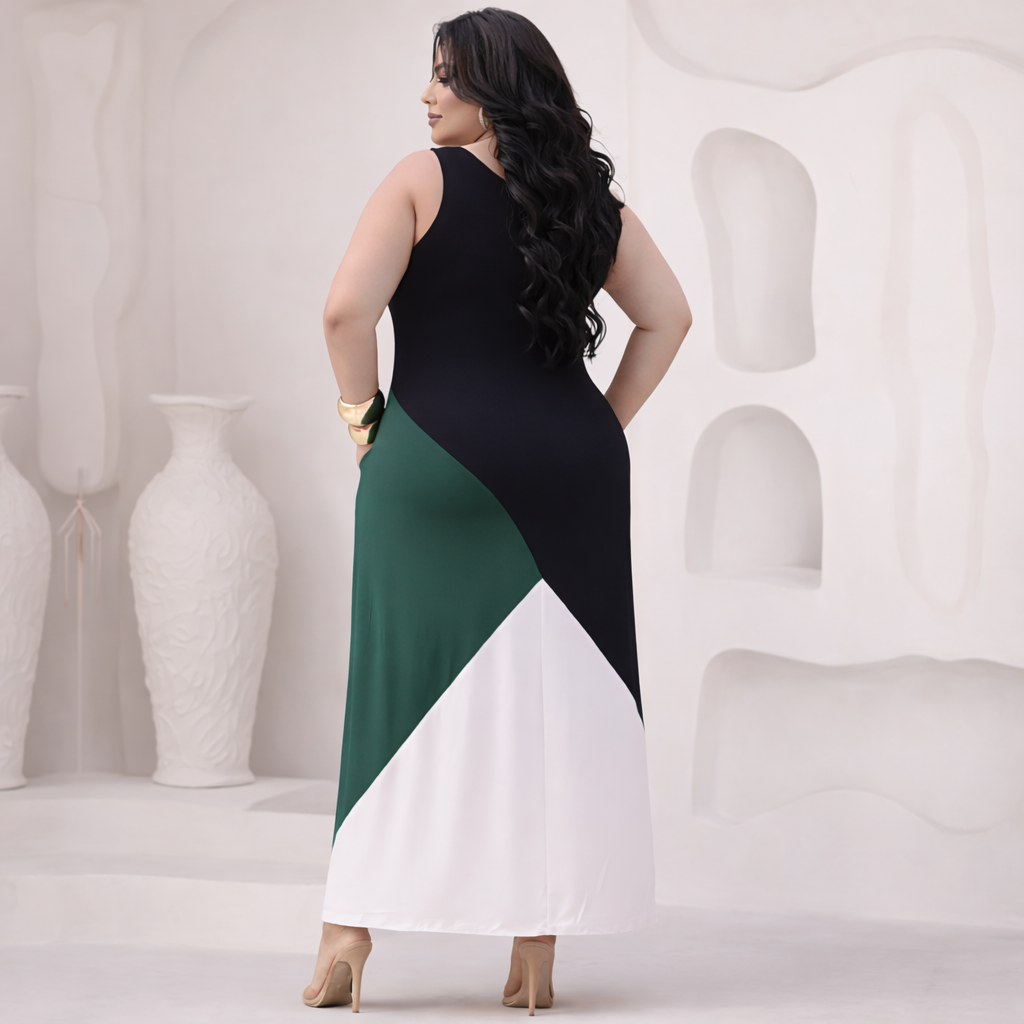 Vestido Midi Plus Size Básico Chic Com Bolsos Laterais
