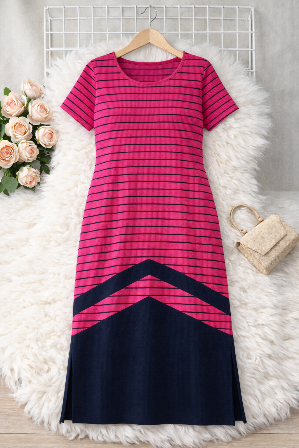 Vestido Plus Size Listrado Pink Com Efeito Alongador - Vestido Plus Size