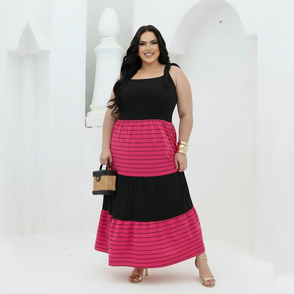 Vestido Bicolor Listrado Plus Size Moderno