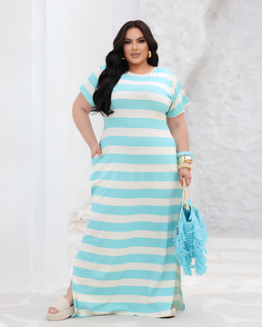 Vestido Longo Plus Size Comfy Com Bolsos Laterais - M (42) / Azul Claro - Vestido Plus Size