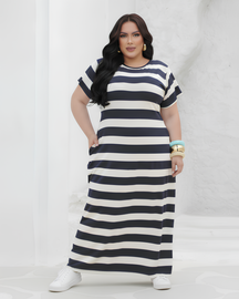 Vestido Longo Plus Size Comfy Com Bolsos Laterais - M (42) / Azul-Marinho - Vestido Plus Size