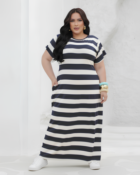 Vestido Longo Plus Size Comfy Com Bolsos Laterais - M (42) / Azul-Marinho - Vestido Plus Size