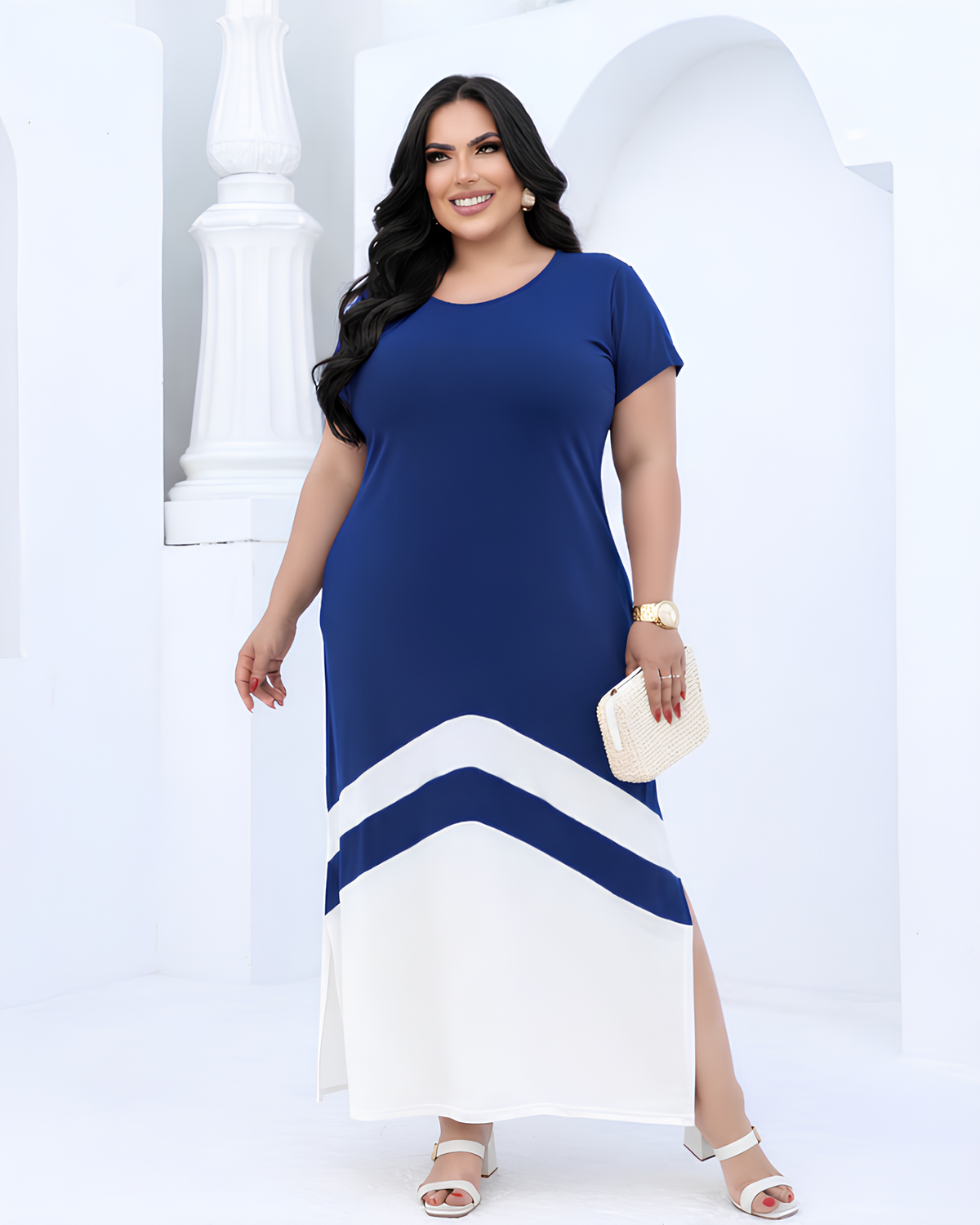 Vestido Longo Gola Canoa Plus Com Efeito Alongador