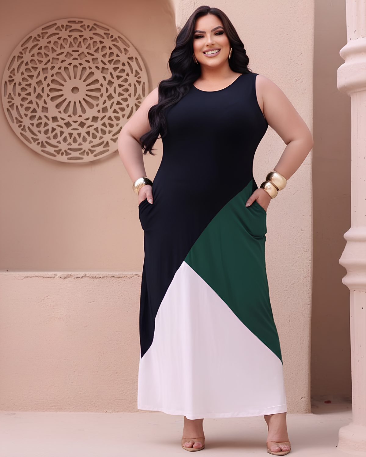 Vestido Midi Plus Size Básico Chic Com Bolsos Laterais
