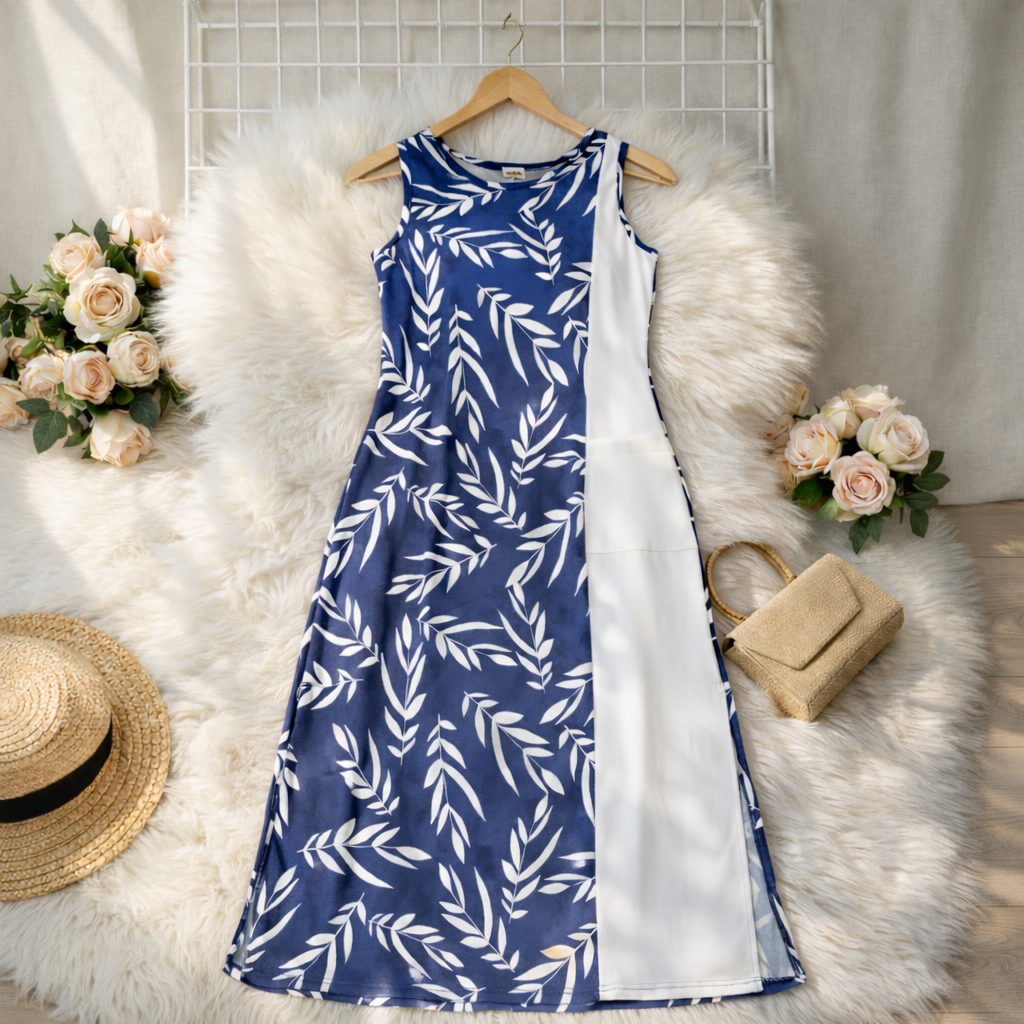Vestido Longo Reto Plus Com Bolso Frontal - M (42) / Azul - Vestido Plus Size