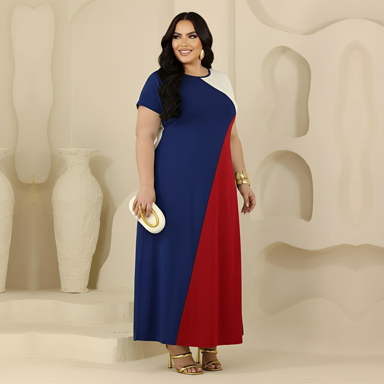Vestido Color Block Plus Size Com Bolsos - Vestido Plus Size